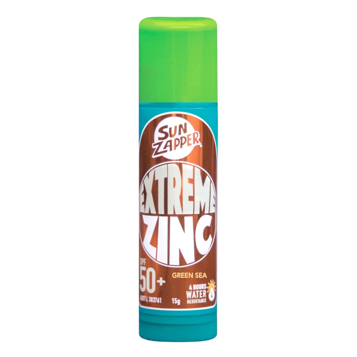 Sun Zapper Extreme Zinc Stick "Green Sea" SPF 50+ |Protector Solar Mineral en Stick Mineral a base de zinc color VERDE 15g |Alta protección solar UVA/UVB con color vibrante | Resistente al Agua | Fórmula Reef Safe | Hecho en Australia.